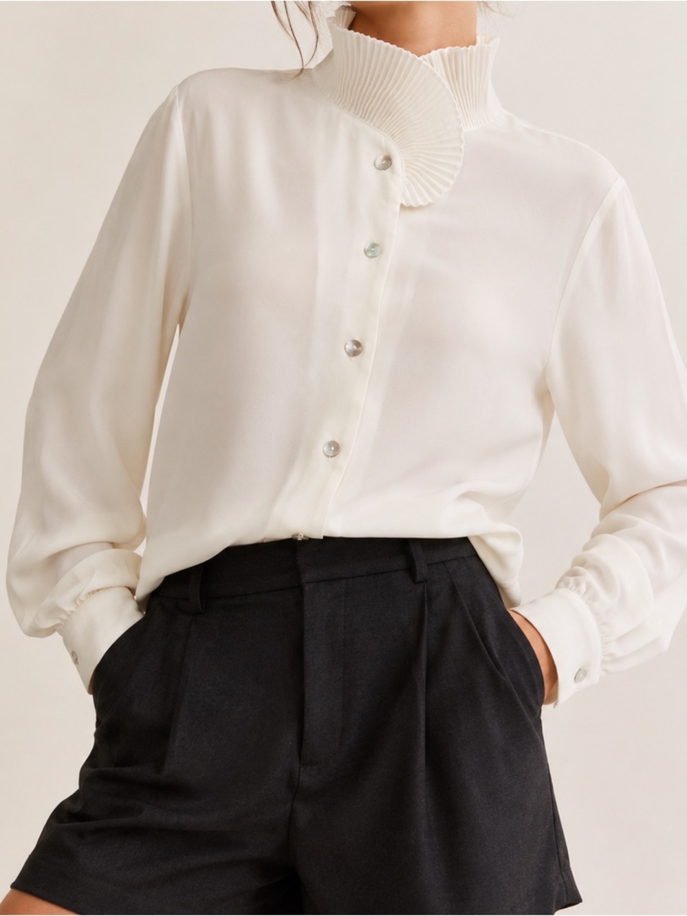 Susan Bristol Ivory Pleated-Neck Button Blouse
